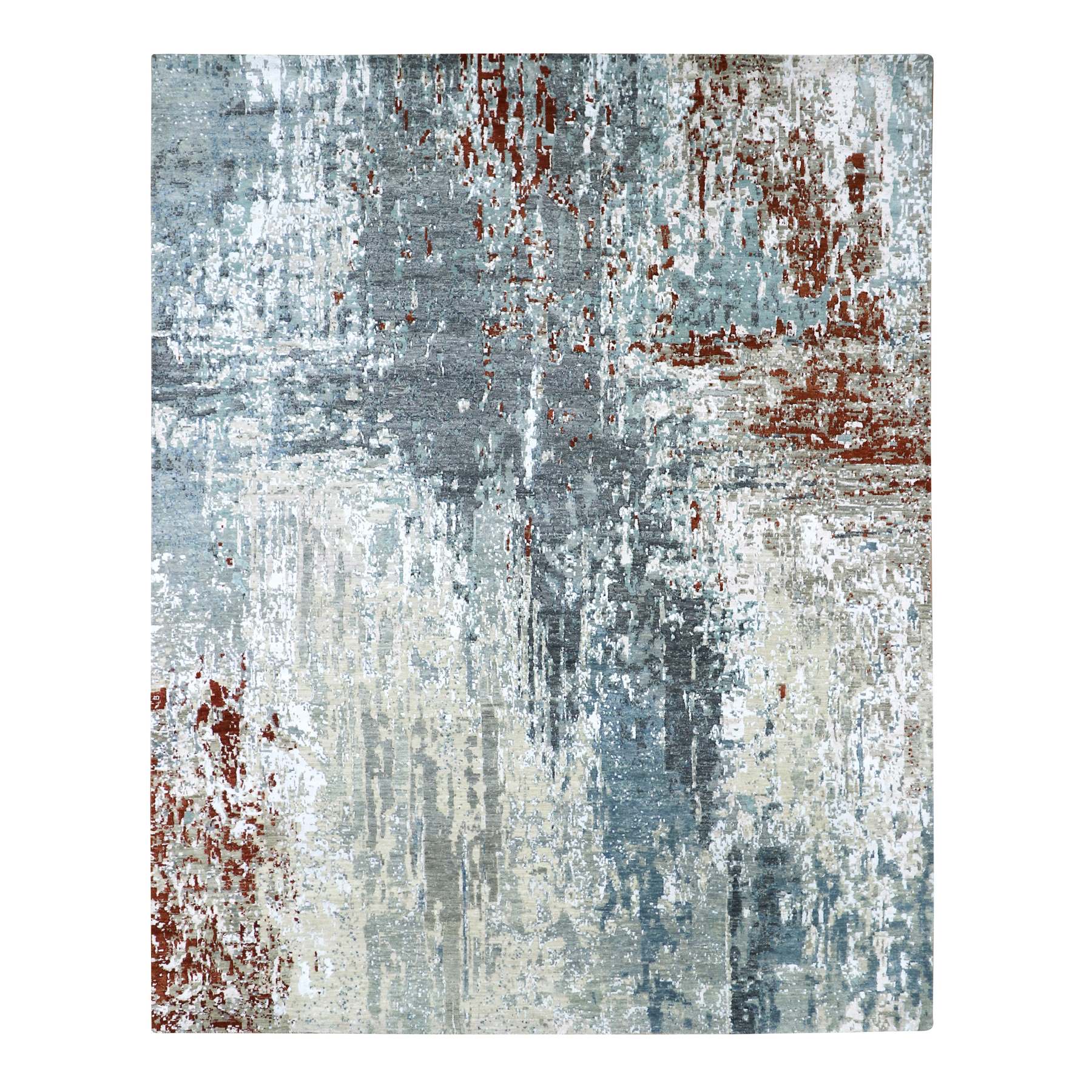 Gray with Rust, Densely Woven, Persian Knot, Abstract with Galaxy Design, 100% Wool, Hand Knotted, Oriental Rug